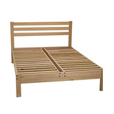 A bed frame constructed with wooden slats and a wooden headboard, emphasizing a minimalist and rustic aesthetic.